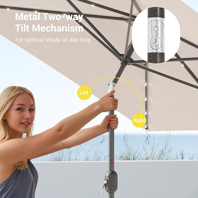 Rectangle Patio Umbrella with Solar Lights, 10 x 6.5ft Rectangular Outdoor Umbrella Table Market Patio Umbrella with Push Button Tilt and Crank for Garden, Deck, Backyard, Pool