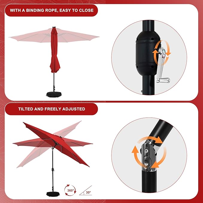 Sundale Outdoor 10 ft Patio Umbrella with Sand Bag Umbrella Base Included, Outdoor Umbrella with Tilt and Crank, Red