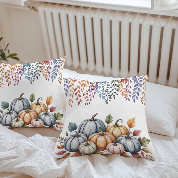 Orange Fall Pumpkins Outdoor Waterproof Pillow Covers, Eucalyptus Leaves Country Farmhouse Decorative Square Throw Pillowcase Sofa Cushion Sham for Patio/Couch/Chair, 20"x20" 2 Pack