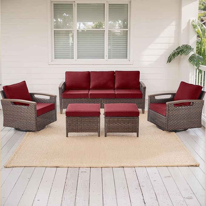 Rilyson Wicker Outdoor Patio Furniture Set - 5 Piece Patio Conversation Sets with Swivel Rocker Chairs, Ottomans and Sofa, Thick Cushions, Waterproof Wicker, for Porch Deck Brown/Red