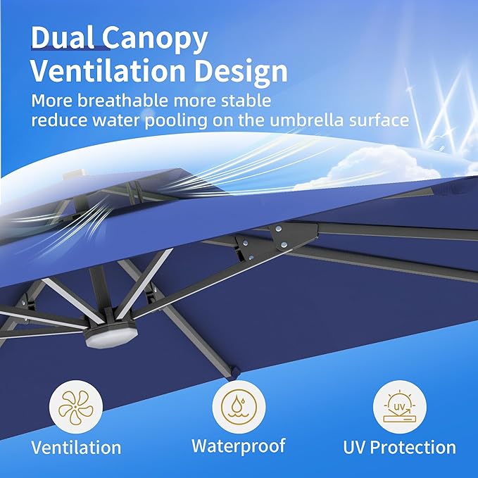 10 X 13 FT Cantilever Patio Umbrella with Base Included & Led Lights Outdoor Rectangle Offset Large Double Top Heavy Duty Umbrellas 360°Rotation for Pool Deck Backyard Garden, Navy
