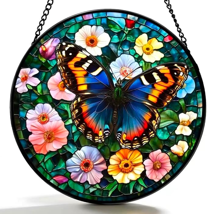 Stained Glass Window Hanging - A Beautiful Butterfly is Dancing in The Sea of Flowers 6.3 Inches Suncatcher for Garden Home Decor for Women Mom Grandma Friends