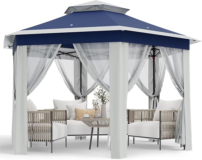 Pop Up Canopy Tent 13x13 Ft Instant Gazebo with Mosquito Netting Enclosure, Adjustable Outdoor Gazebo for Patio, Garden & Backyard Use with UV Protection & 3 Heights (Blue Lightgrey, 13 ft x 13 ft)
