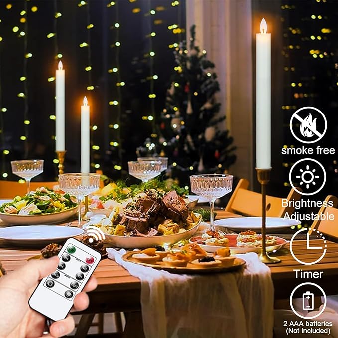 Wondise Flameless Taper Candles Remote with Timer, Battery Operated Real Wax Ivory LED Taper Candles for Christmas Window Decoration, Set of 4(D0.78 x H9.5 Inch)