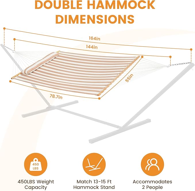 Lazy Daze 12 FT Quilted Double Hammock with Spreader Bar, 2-Person, Outdoor Hammock for Patio, Poolside, Backyard, Beach, 450 lbs Capacity, Beige White