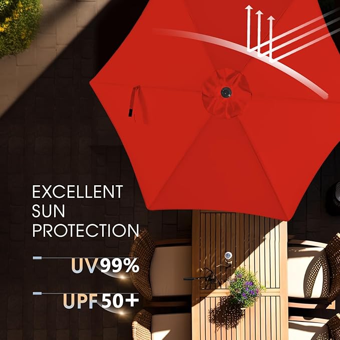 wikiwiki 7.5FT Patio Umbrella with Base, Outdoor Umbrellas with Base Included, 6 Sturdy Ribs, Waterproof Fade Resistant POLYESTER DTY Canopy for Deck, Lawn, Garden, Backyard & Pool, Red