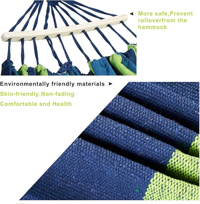 Brazilian Double Hammock 2 Person Canvas Cotton Hammock with Carrying Bag for Patio Porch Garden Backyard Lounging Outdoor/ Indoor Green Stripe Hammock