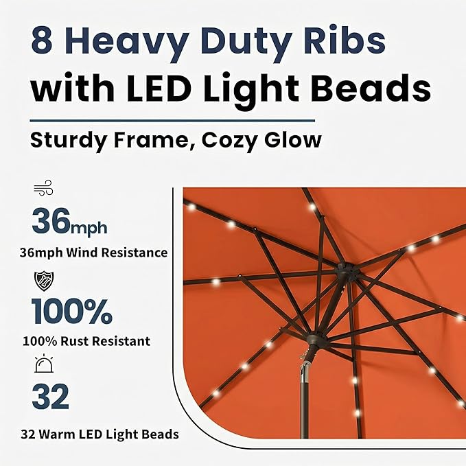 9FT Solar Umbrella 32 LED Lighted Patio Umbrella Table Market Umbrella w/Tilt and Crank, UV-Resistant Outdoor Umbrella for Pool, Garden, Deck, Terracotta