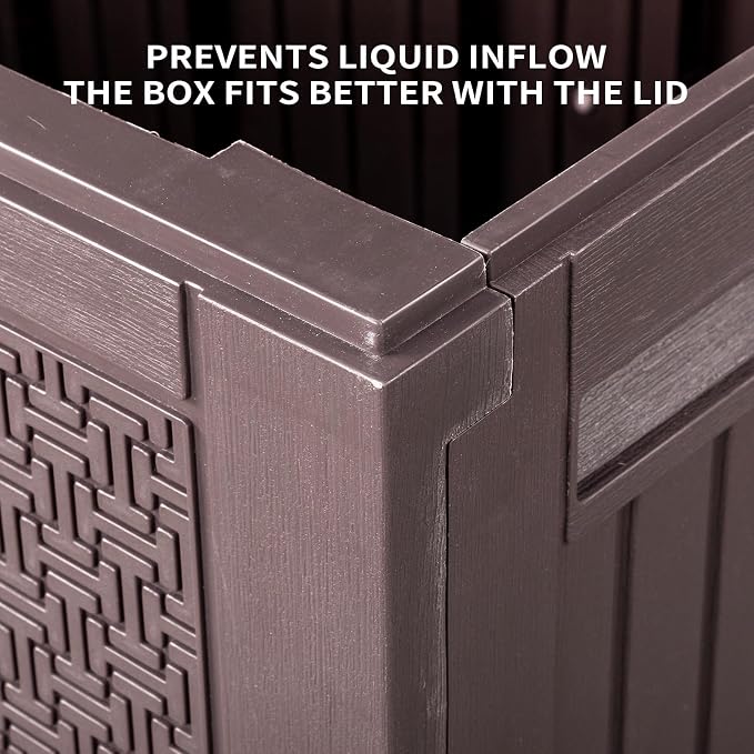 90 Gallon Outdoor Storage Deck Box with Wheels, Waterproof Resin Garden Storage Box Chest for Patio Furniture Cushions & Garden Tools, Lockable Seat Bench, Brown