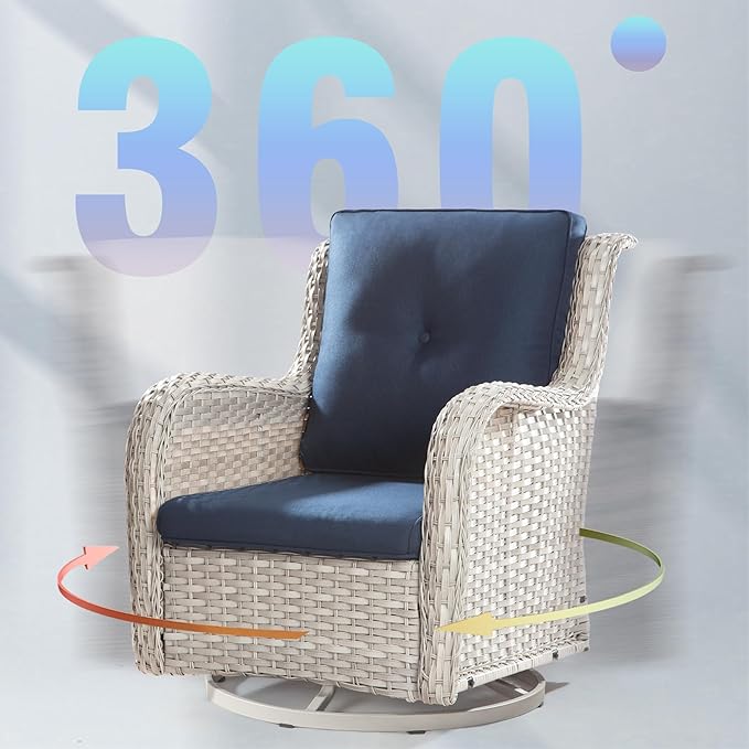 Joyside Outdoor Rocker Swivel Patio Chairs Set of 4 with 2 Matching Side Tables - 6 Pieces Patio Wicker Conversation Set with Premium & Soft Fabric Cushions(Light Grey/Blue)