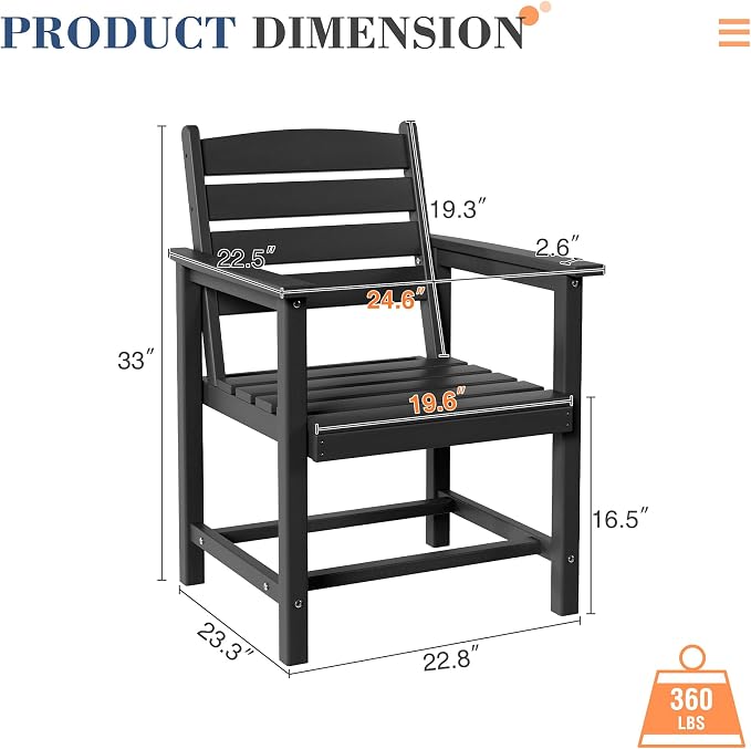 UDPATIO HDPE Outdoor Dining Chair Set Patio Furniture Heavy Duty | Seating Extra-Wide Easy to Assembly All-Weather for Pool Garden Backyard Indoor Kitchen Grey Black