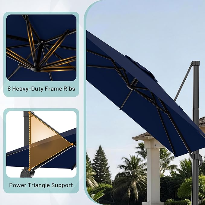 AreShark 9 × 9FT Square Cantilever Patio Umbrella with Base Included, 360° Rotation Offset Outdoor Umbrella, 5 Tilt Settings Heavy Duty Hanging Parasol for Deck Garden Pool, Navy