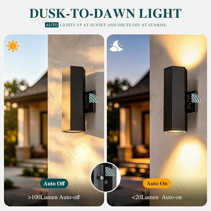 2 Pack Dusk to Dawn LED Outdoor Wall Lights, 3000K Warm White porch light | ETL Certified Matte Black Aluminum Wall Sconce, IP65 Waterproof Exterior Light Fixture for Front Porch, Garage, Patio, House