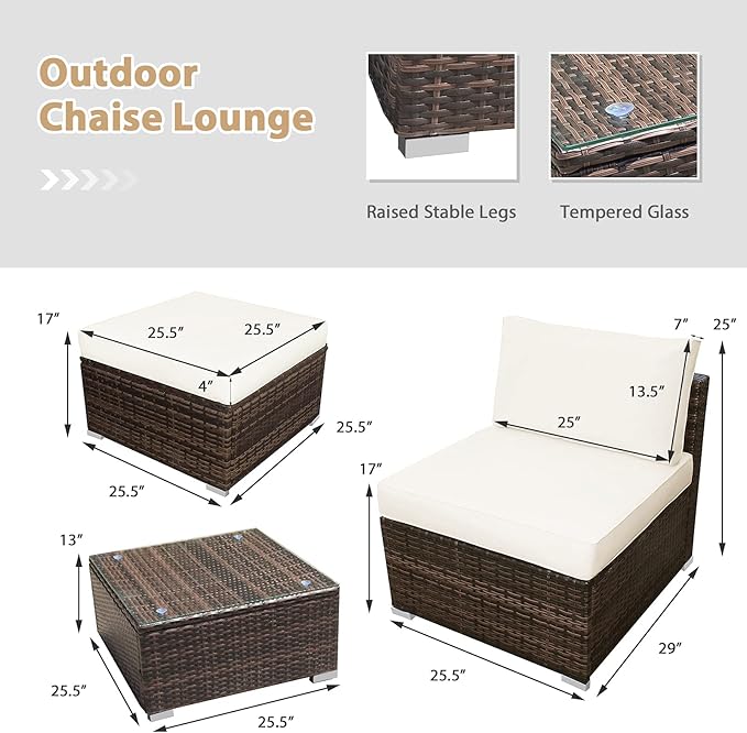 Tangkula 5 Piece Wicker Lounge Chair Set, with Tempered Glass Coffee Table, Outdoor Conversation Sets w/Washable Zippered Cushions, Includes 2 Armless Sofas, 2 Ottomans and 1 Side Table