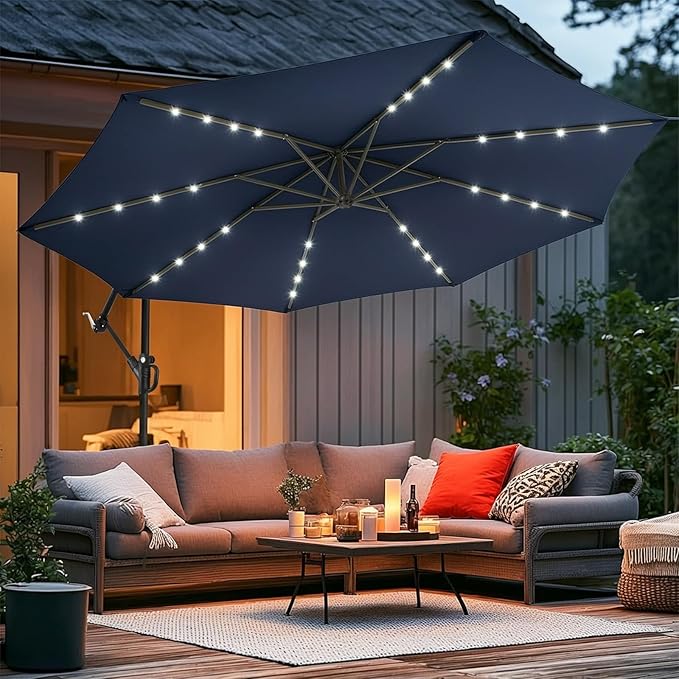 wikiwiki 10ft Solar Offset Patio Umbrella, Outdoor Cantilever Patio Umbrellas with Solar LED Lights for Backyard, Poolside and Garden, Easy Tilt Adjustment, 32 LED Lights & Polyester Shade, Navy Blue