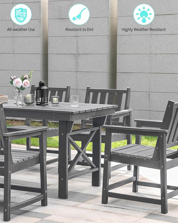 Outdoor HDPE Dining Table Set, 7-Piece Outdoor Patio Dining Sets with Umbrella Hole Cut-Out Table and 6 Chairs for Backyard, Deck, Garden and Poolside, Gray
