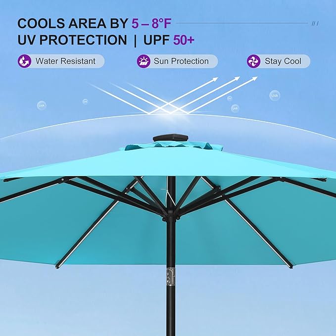 PURPLE LEAF 10' Round Patio Umbrella with Solar LED Outdoor Table Umbrella Aluminum Frame Market Umbrella with 8 Sturdy Ribs & Tilt for Garden Deck Lawn Pool Turquoise Blue
