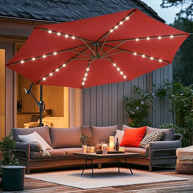 wikiwiki 10ft Solar LED Offset Patio Umbrella, Outdoor Cantilever Patio Umbrellas with Solor Lights for Backyard, Poolside and Garden, Easy Tilt Adjustment, 32 LED Lights & Polyester Shade, Red
