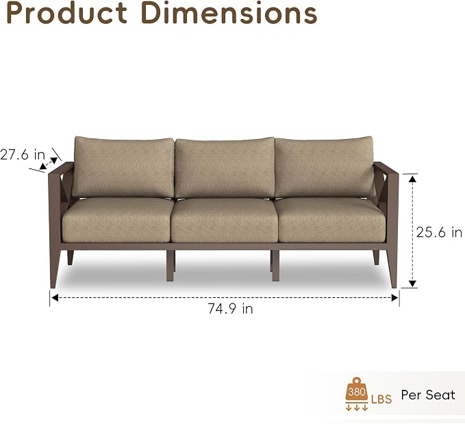 Outdoor Patio Sofa 3 Seat Couch with Cushions, Aluminum Patio Furniture Deep Seating Outdoor Couch for Backyard Deck Garden Conversation Area