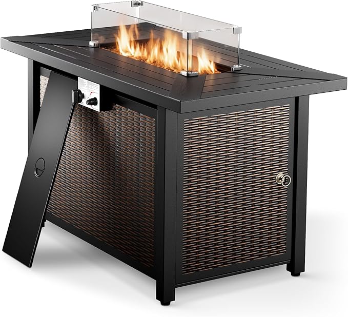 Patio Furniture Set with Fire Pit Table, 4PCS Patio Conversation Set Brown Resin Wicker Swivel Patio Chair and Sofa with 43in Rectangular Iron Fire Table PE Rattan Furniture Set
