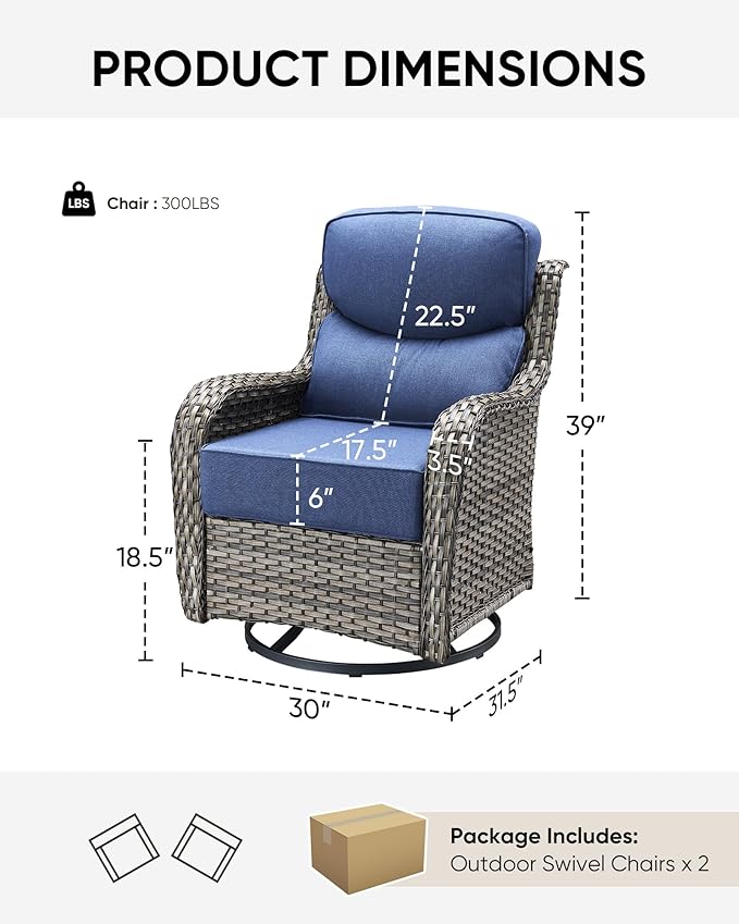 HUMMUH Outdoor Patio Wicker Swivel Rocker Chairs Set of 2 with 6-Inch Thick Cushion High Back Wicker Conversation Set for Porch Balcony Deck