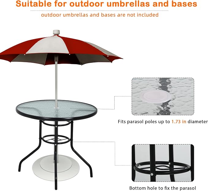 MKDLUFEI 32 Inch Round Outdoor Dining Table, Patio Table with Umbrella Hole, Tempered Glass Top, Black Steel Frame