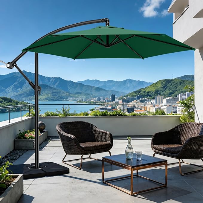 AreShark 10FT Patio Outdoor Umbrella, Offset Patio Umbrella Cantilever Umbrella, 6 Sturdy Ribs, Easy Adjustment for Garden Market Pool with Cross Base (Dark Green)