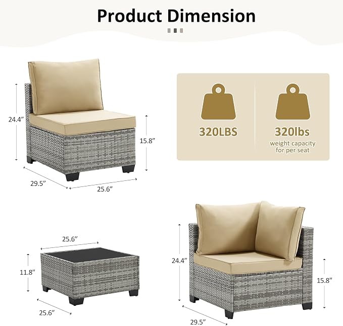 ANJ 7 Piece Outdoor Wicker Patio Furniture Set, Modular Loveseat Sofa with with Glass Top Coffee Table, All-Weather Rattan Conversation Couch Set for Balcony, Backyard, Light Grey Wicker-Camel