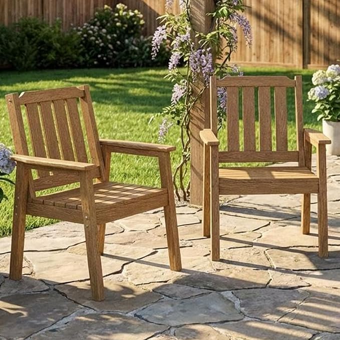 GAOMON Outdoor Patio Dining Chairs Set of 4, All-Weather HDPE Garden Dining Chairs with Armrests, Wide Seat and Sturdy Frame,Waterproof Design, for Garden, Backyard, Deck, Natur