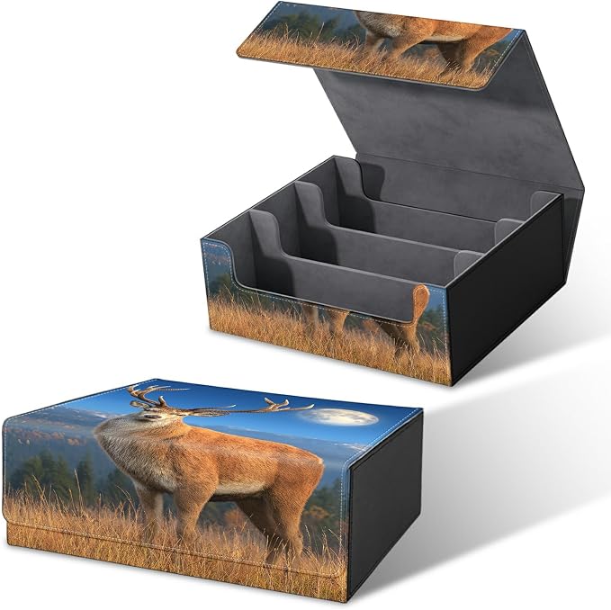 Large Card Deck Box for MTG, Fits 1200+ Sleeved Cards, PU Leather Storage Case with Strong Magnetic Closure, Multiple Colors Available for TCG CCG Baseball Card Collections, Grassland Deer