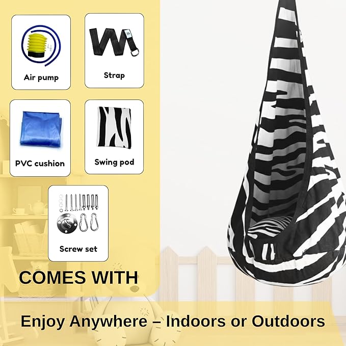 Calming Sensory Swing — Indoor Sensory Hammock for Kids & Adults, Supports up to 170 lb (77 kg), Double-Layer Canvas Fabric, Hanging Hardware Included, Black-White