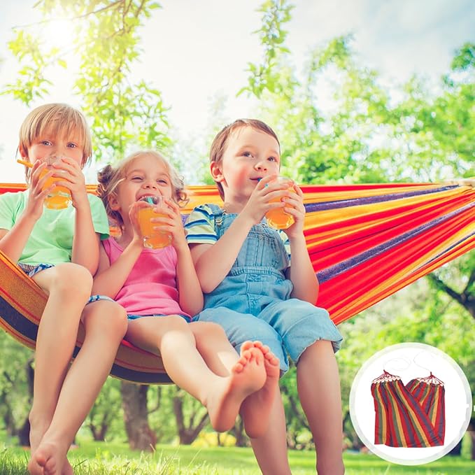 Toyvian Single Person Rainbow Striped Hammock Cotton Canvas Travel Camping Swing Outdoor Leisure Swing Anti-tip Red Suitable for Adults