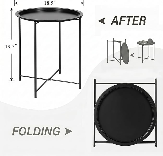 VECELO Side/End Table, Folding Round Metal Anti-Rust and Waterproof Outdoor or Indoor Tray for Living Room Bedroom Balcony and Office, 2 PCS, Black
