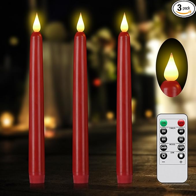 Flameless Taper Candle with Remote Control, 3pack Plastic LED Candles, Flickering Candles Battery Operated,9.2''Classic Tall Candle for Wedding, Party,Christmas,Home Decor （Red