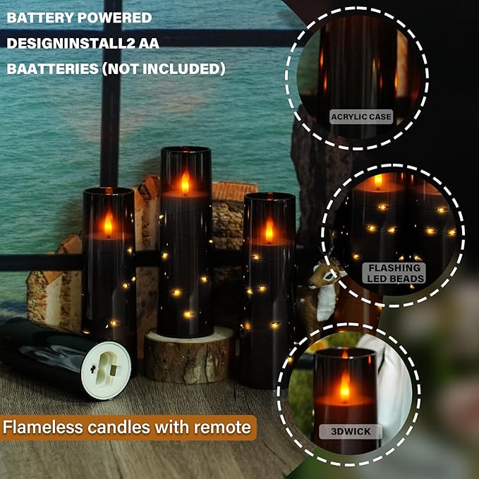 Nimiko Flickering Flameless LED Candles, 9 Pcs with Embedded Star String, Acrylic LED Pillar Candles with Remote, Suitable for Home Decoration (Black)