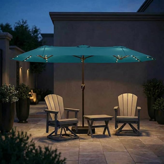 15FT Patio Umbrella with Solar Lights, Double-Sided Extra Large Outdoor Table Umbrella with Base Included, Heavy-Duty 12 Iron Ribs Market Umbrella for Garden, Pool, Backyard, Lake Blue