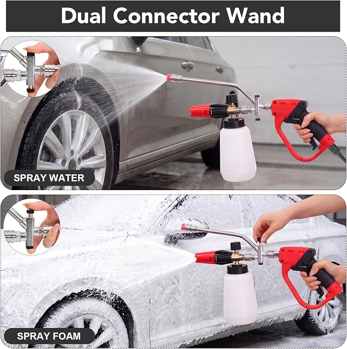 Foam Cannon for Pressure Washer, Dual Connector, 5000PSI Pressure Washer Gun, 2-in-1 Foam and Rinse Tool with 6 Nozzles, 1/4" Quick Connector for Car Truck SUV Washing