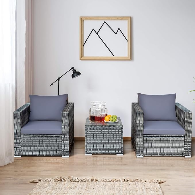Tangkula 3 Pieces Patio Furniture Set, PE Rattan Wicker Sofa Set w/Washable Cushion and Tempered Glass Tabletop, Outdoor Conversation Furniture for Garden Poolside Balcony