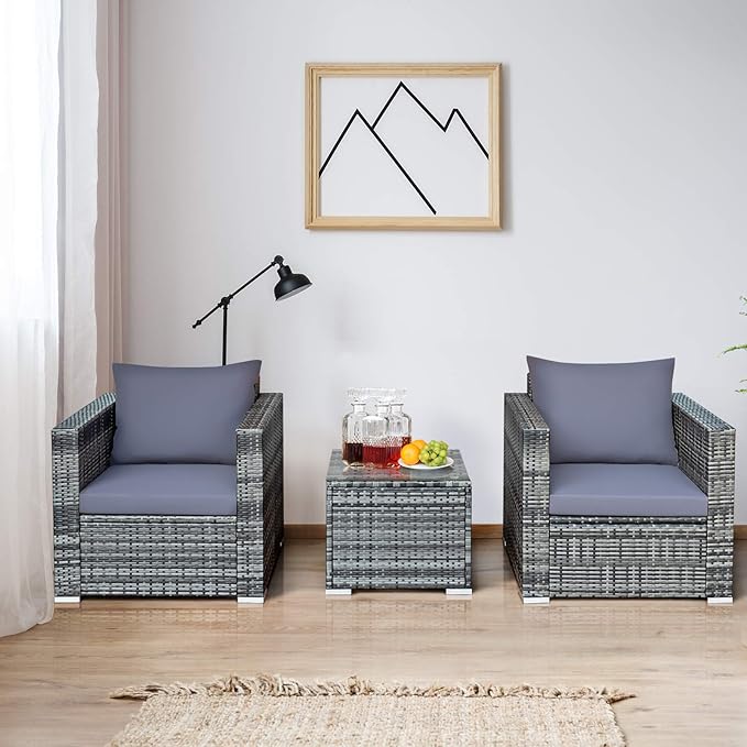 COSTWAY 3-Piece Patio Furniture Set, Outdoor Wicker Rattan Sofa with Cushions and Coffee Table, Conversation Chair Set for Poolside Backyard Balcony Lawn (Grey)
