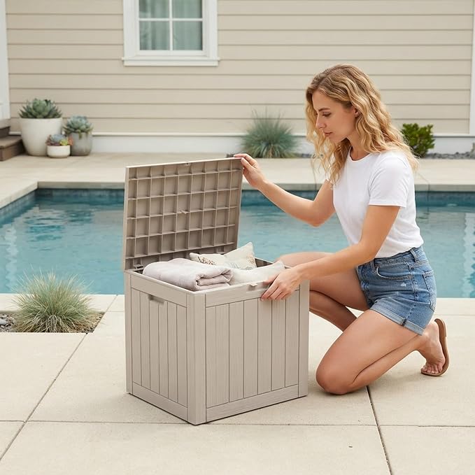 Outdoor Storage Box, 35 Gallon Waterproof Deck Box [Upgraded 3.0], Quick Snap-Lock Resin Cabinet for Seat Pillows, Patio Blankets, Lockable End Table Beverage Stand, Apartment Deck, Grey