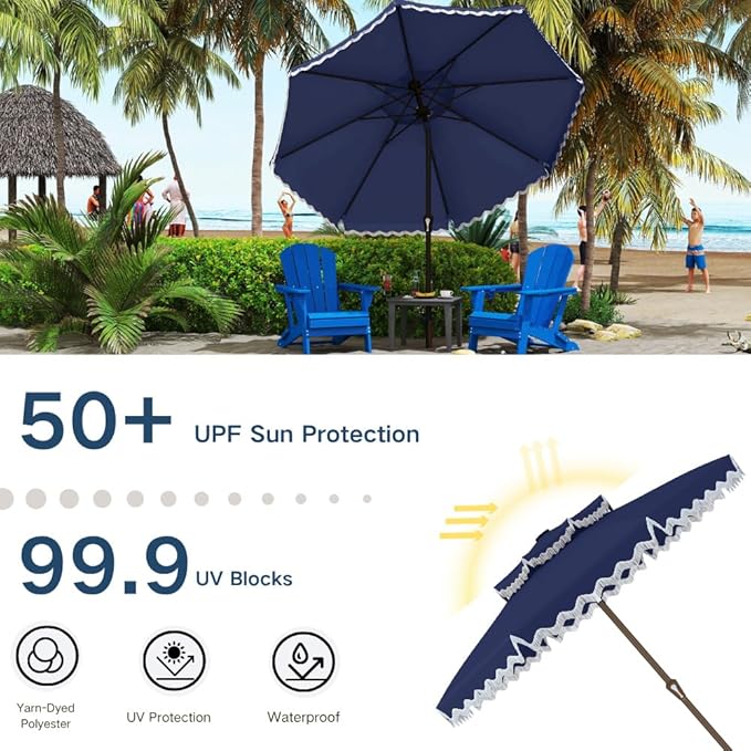 Patiokingdom 9FT Patio Umbrella with Fringe,Tassel Umbrella UPF 50+ & Push-Button Tilt,Rust-Resistant Fiberglass Frame for Pool,Garden,Backyard,Yard (Navy)