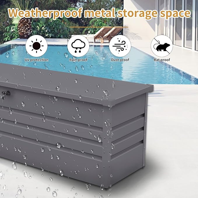 260 Gallon Light Gray Waterproof Metal Outdoor Deck Box, Extra Large