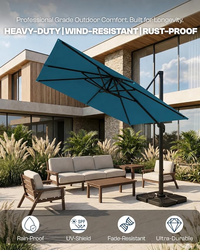 9x9 FT Square Cantilever Umbrella,Easy Tilt, Fade Resistant & 360° Rotation, Offset for Pool Deck Backyard Patiolake blue (Base not Included)