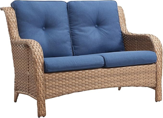 Rilyson Outdoor Loveseat Wicker Patio Sofa - 2 Seat Rattan Outdoor Couch Patio Furniture with Deep Seating and Comfortable Cushions for Porch Deck Balcony(Yellow/Blue)