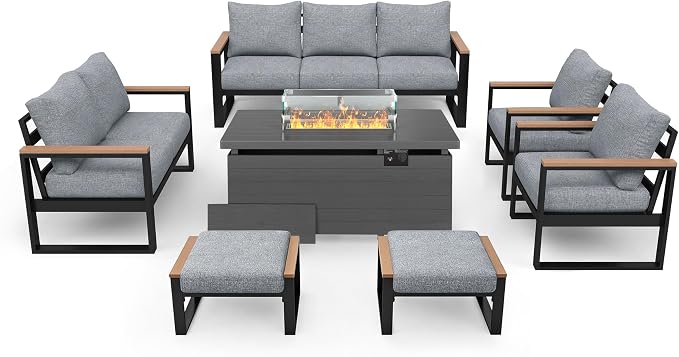 Sundale Outdoor Aluminum Patio Furniture Set, 7 Piece Outdoor Conversation Sets with Fire Pit and 6" Thick Olefin Cushions, All Weather Outdoor Sectional Set for Deck, Lawn, Yard