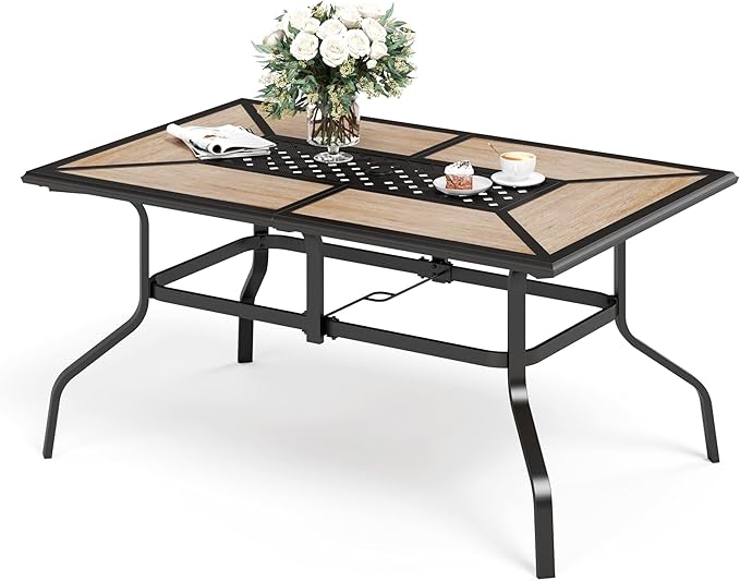 SUNSHINE VALLEY 61" Patio Dining Table for 6,Teak Color Rectangle Patio Table with Umbrella Hole,E-Coating and Powder Coating Steel Frame Metal Outdoor Patio Table for Garden Backyard Lawn Yard