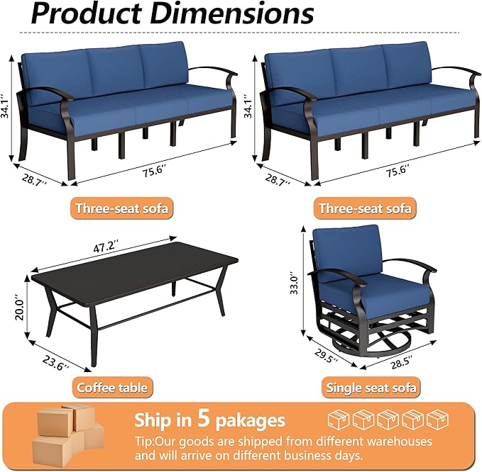 Aluminum Patio Furniture Set with Coffee Table,8 Seats Metal Modern Outdoor Furniture w/5.1" Thick Cushions,Patio Sectional w/Swivel Chairs for Patio,Backyard,Navy