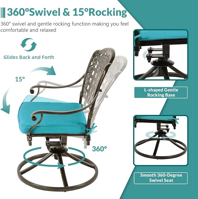 MEETWARM 9-Piece Outdoor Patio Dining Set for 8, All Weather Cast Aluminum Patio Funiture Table and Chairs Set- Large 64" Square Table and 4 Swivel Rocker Chairs, 4 Stationary for Garden, Ocean Blue