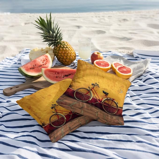 Bicycles Outdoor Pillow Covers 26x26 Inch Throw Pillow Covers Set of 2 Waterproof Decorative Pillow Cases Farmhouse Vintage Vehicle Yellow Broken Walls Cushion Covers for Patio Furniture Garden Couch