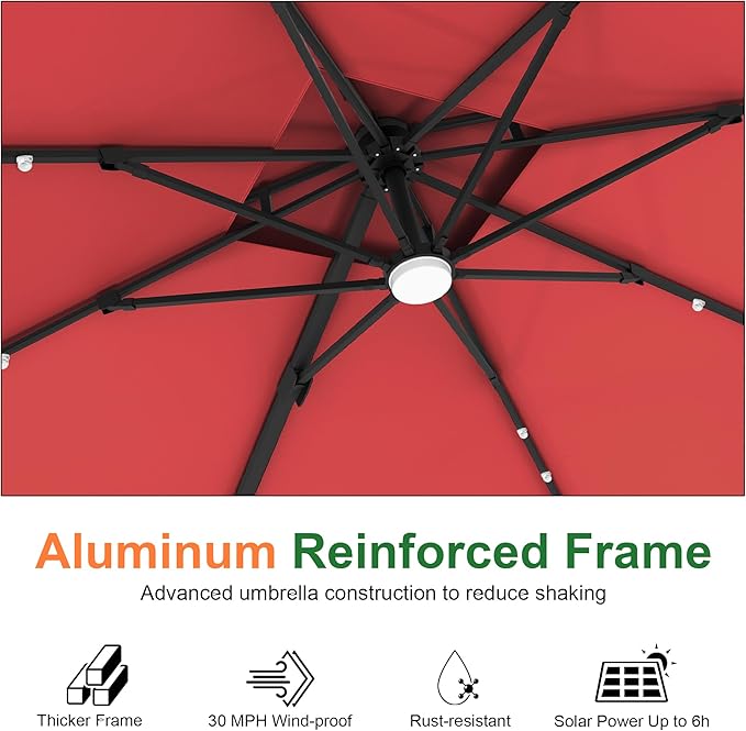 Aegis Pro 10' X 10' Cantilever Umbrella with Built-In LED Lights, Reinforced Aluminum Ribs & Pole, 360-Degree Rotation, Includes Cover for Garden Deck Pool Patio